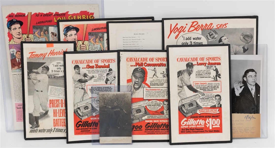 Lot of (10) Baseball Advertising Items & Photos  w. George Selkirk Type 1 Photo, Ruth, Gehrig 