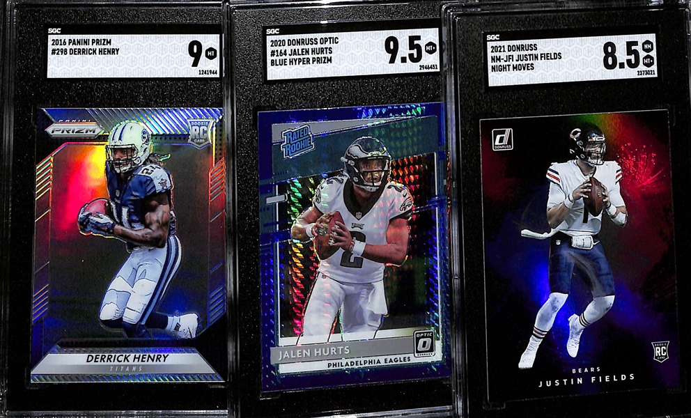 (3) SGC Graded Rookie Football Cards w. Justin Fields (SGC 8.5), Jalen Hurts (SGC 9.5), and Derrick Henry (SGC 9)