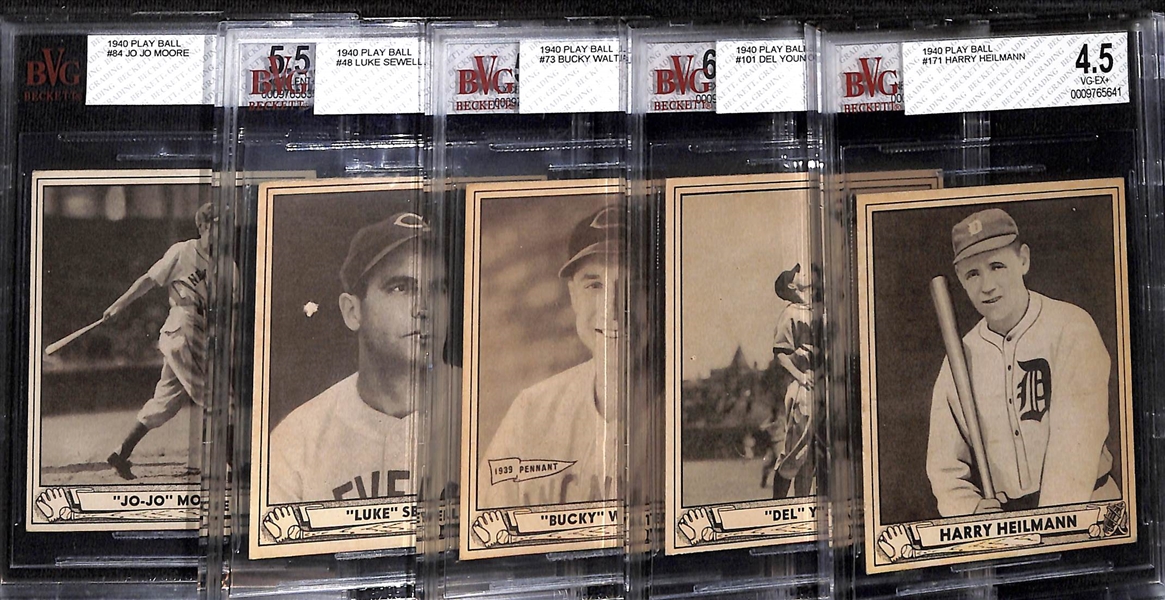 (5) 1940 Play Ball Beckett Graded cards w. HOFers Harry Heilmann BVG 4.5 & Del Young BVG 7