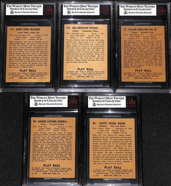(5) 1940 Play Ball Beckett Graded cards w. HOFers Harry Heilmann BVG 4.5 & Del Young BVG 7