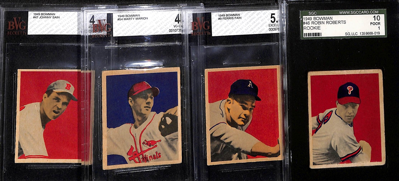 (4) Graded 1949 Bowman Baseball Cards w. Robin Roberts RC (HOF) SGC 1