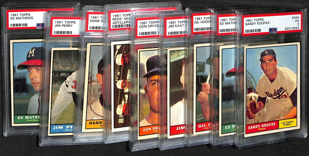 Lot of (9) 1961 PSA Graded Topps Baseball Cards w. Sandy Koufax PSA 3
