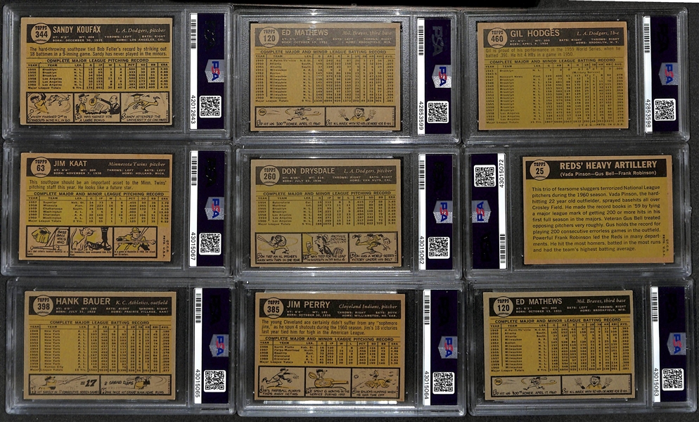 Lot of (9) 1961 PSA Graded Topps Baseball Cards w. Sandy Koufax PSA 3