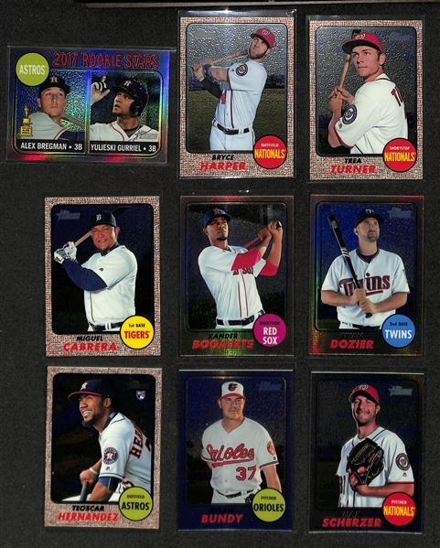 Lot of (31) 2017 Topps Heritage Chrome Parallel Cards inc. Alex Bregman Purple, Bryce Harper (#/999), Trea Turner (#/999), Miguel Cabrera (#/999), Xander Bogaerts (#/568), +