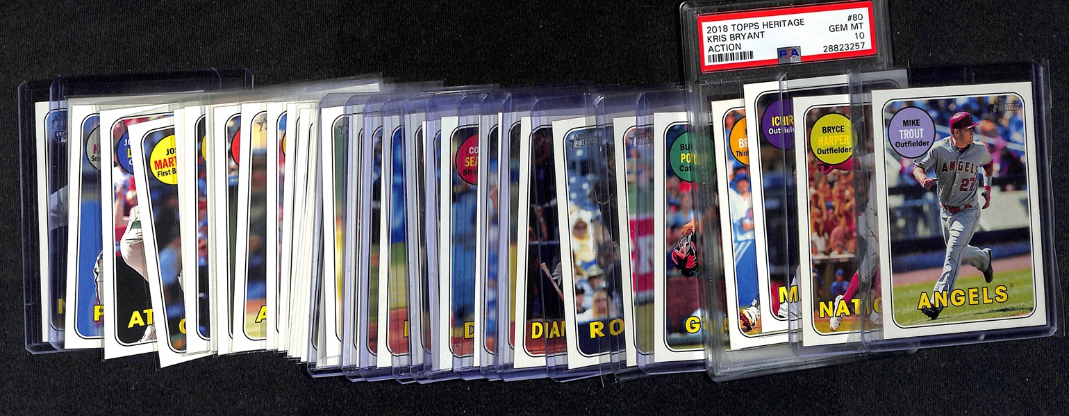 Lot of (35) 2018 Topps Heritage Action Photo Variation Short Prints inc. Mike Trout, Bryce Harper, Ichiro, Kris Bryant (PSA 10), Buster Posey, Mookie Betts, Nolan Arenado, Paul Goldschmidt, +
