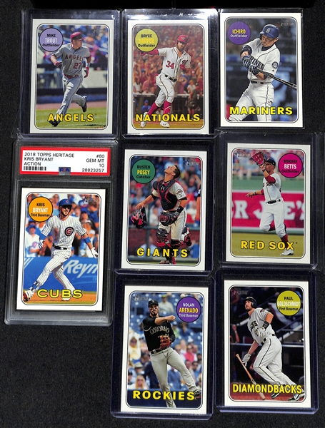 Lot of (35) 2018 Topps Heritage Action Photo Variation Short Prints inc. Mike Trout, Bryce Harper, Ichiro, Kris Bryant (PSA 10), Buster Posey, Mookie Betts, Nolan Arenado, Paul Goldschmidt, +