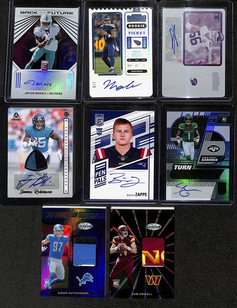 Lot of (1200+) 2022 Football Cards w. (38) Autographs + Relics, (80) Numbered Cards, +