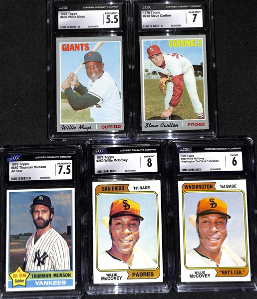 Lot of (5) CGC Graded 1970's Baseball Cards w. 1970 Topps Willie Mays (HOF) CGC 5.5