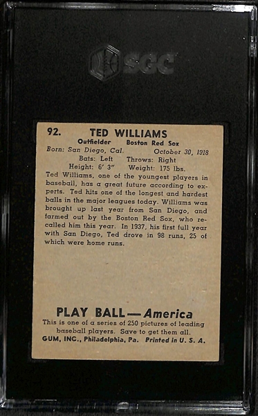 1939 Play Ball Ted Williams #92 Rookie Card Graded SGC 4.5