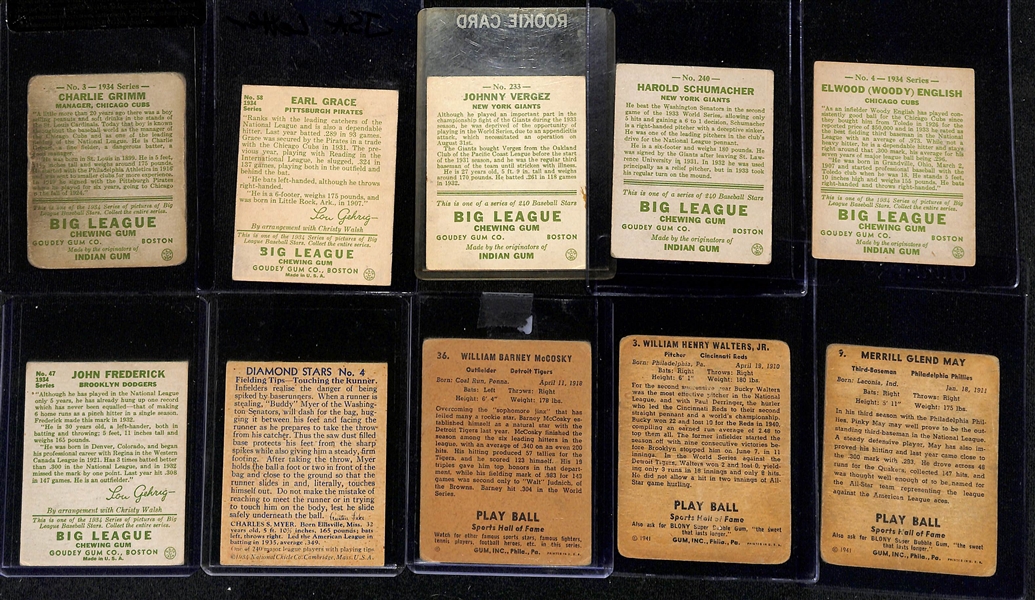 Lot of (10) 1933-1941 Baseball Cards - Goudey & Playball - w.  1934 Goudey Charlie Grimm Beckett RCR 1.5 & Signed Earl Grace (JSA Auction Letter)