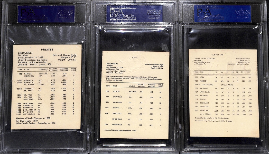Lot of (3) PSA Graded 1961-62 Kahn's Wieners Baseball Cards w. Gino Cimoli
