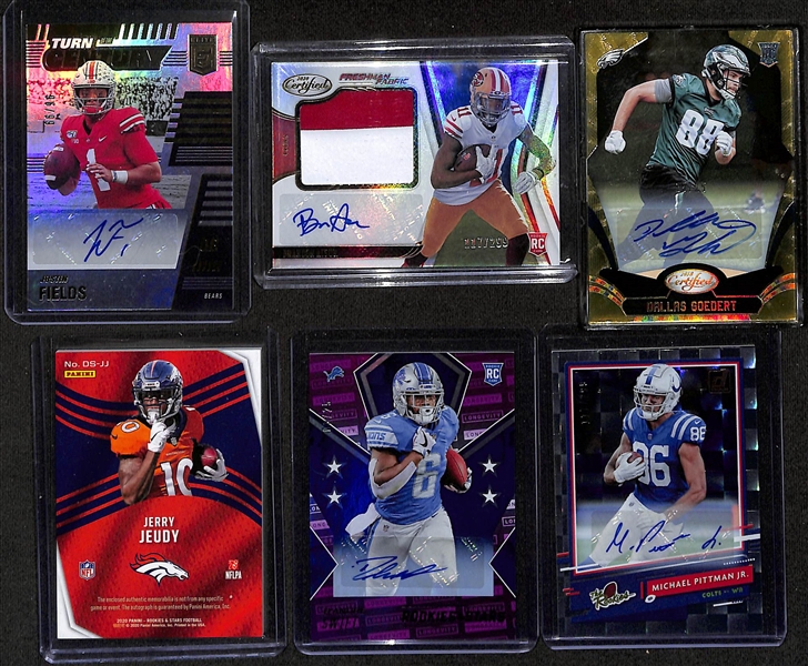 Football Card Bulk Lot (2 Row Box) w. (41) Autographs + Jerseys, (53) Numbered Cards, (20) 2018 Leaf Draft Packs (Josh Allen+ Lamar Jackson Rookie Potential), +