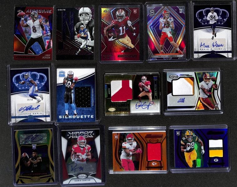 Football Card Bulk Lot (2 Row Box) w. (41) Autographs + Jerseys, (53) Numbered Cards, (20) 2018 Leaf Draft Packs (Josh Allen+ Lamar Jackson Rookie Potential), +