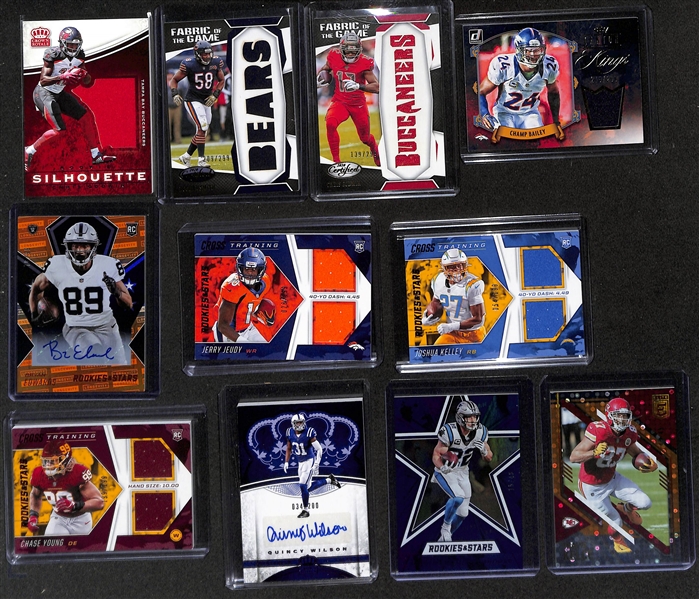 Football Card Bulk Lot (2 Row Box) w. (41) Autographs + Jerseys, (53) Numbered Cards, (20) 2018 Leaf Draft Packs (Josh Allen+ Lamar Jackson Rookie Potential), +
