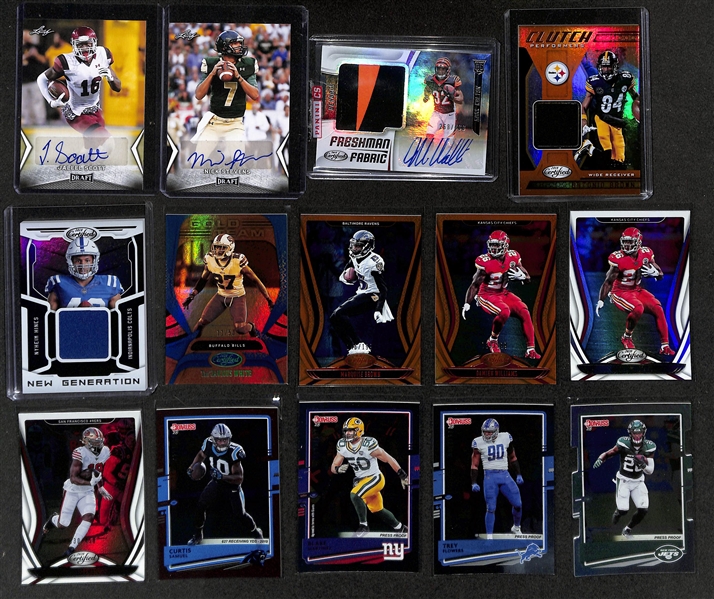 Football Card Bulk Lot (2 Row Box) w. (41) Autographs + Jerseys, (53) Numbered Cards, (20) 2018 Leaf Draft Packs (Josh Allen+ Lamar Jackson Rookie Potential), +