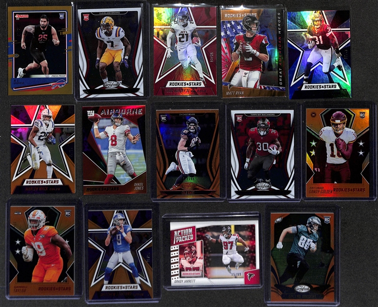 Football Card Bulk Lot (2 Row Box) w. (41) Autographs + Jerseys, (53) Numbered Cards, (20) 2018 Leaf Draft Packs (Josh Allen+ Lamar Jackson Rookie Potential), +