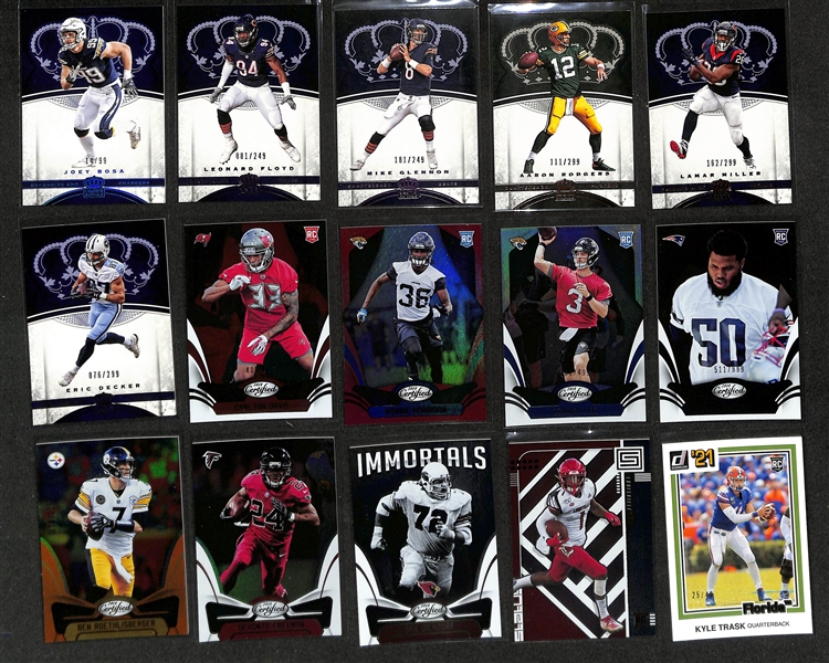 Football Card Bulk Lot (2 Row Box) w. (41) Autographs + Jerseys, (53) Numbered Cards, (20) 2018 Leaf Draft Packs (Josh Allen+ Lamar Jackson Rookie Potential), +