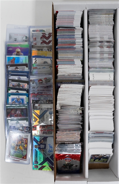 Football Card Bulk Lot (3 Row Box) w. (41) Autographs + Jerseys (inc. Sam Darnold Rookie Autograph), (15) Numbered Cards, (7) 2012 Leaf Packs, +