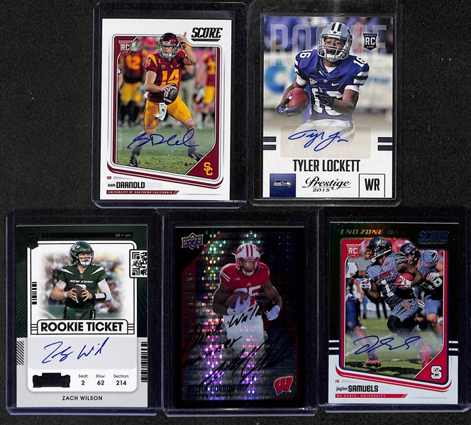 Football Card Bulk Lot (3 Row Box) w. (41) Autographs + Jerseys (inc. Sam Darnold Rookie Autograph), (15) Numbered Cards, (7) 2012 Leaf Packs, +