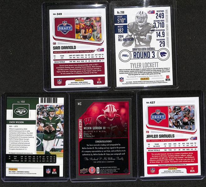 Football Card Bulk Lot (3 Row Box) w. (41) Autographs + Jerseys (inc. Sam Darnold Rookie Autograph), (15) Numbered Cards, (7) 2012 Leaf Packs, +