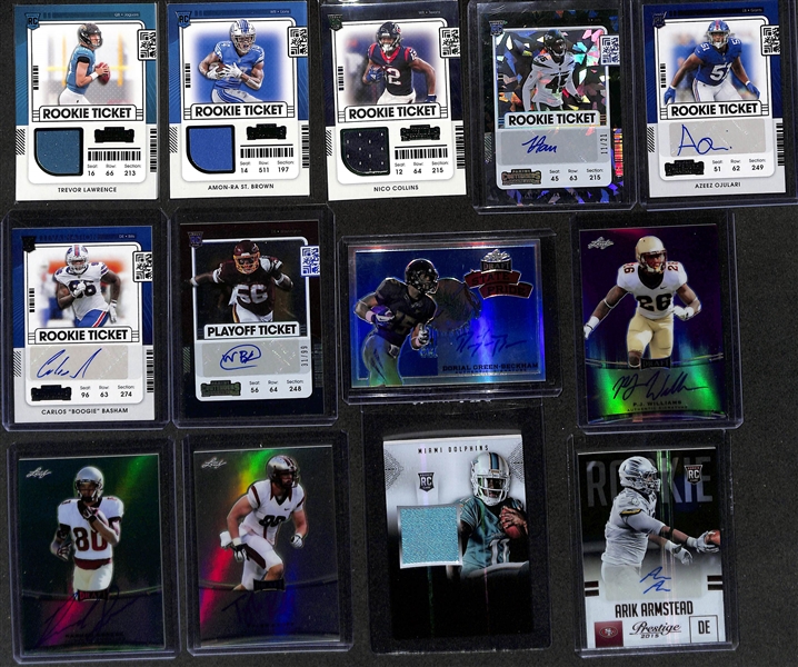 Football Card Bulk Lot (3 Row Box) w. (41) Autographs + Jerseys (inc. Sam Darnold Rookie Autograph), (15) Numbered Cards, (7) 2012 Leaf Packs, +
