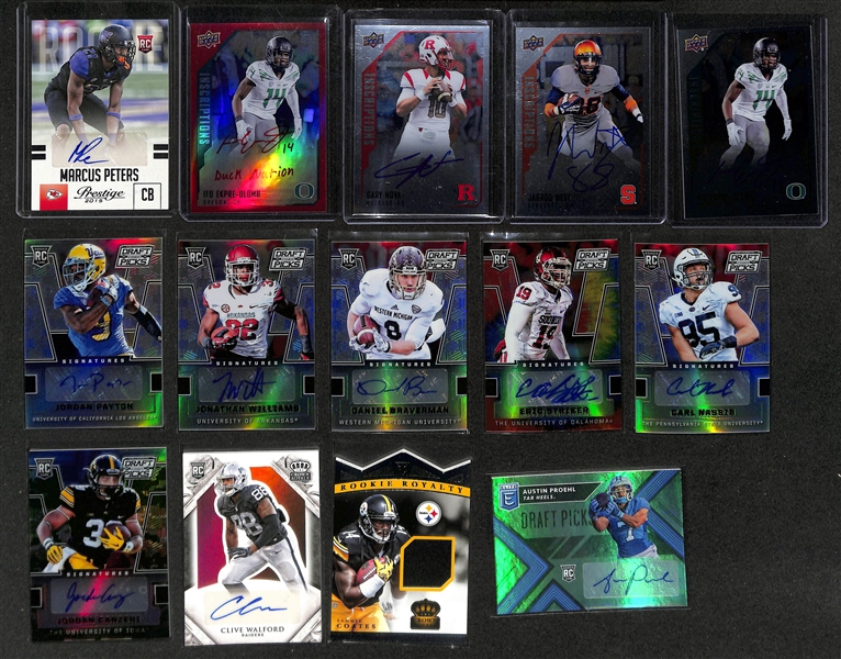 Football Card Bulk Lot (3 Row Box) w. (41) Autographs + Jerseys (inc. Sam Darnold Rookie Autograph), (15) Numbered Cards, (7) 2012 Leaf Packs, +