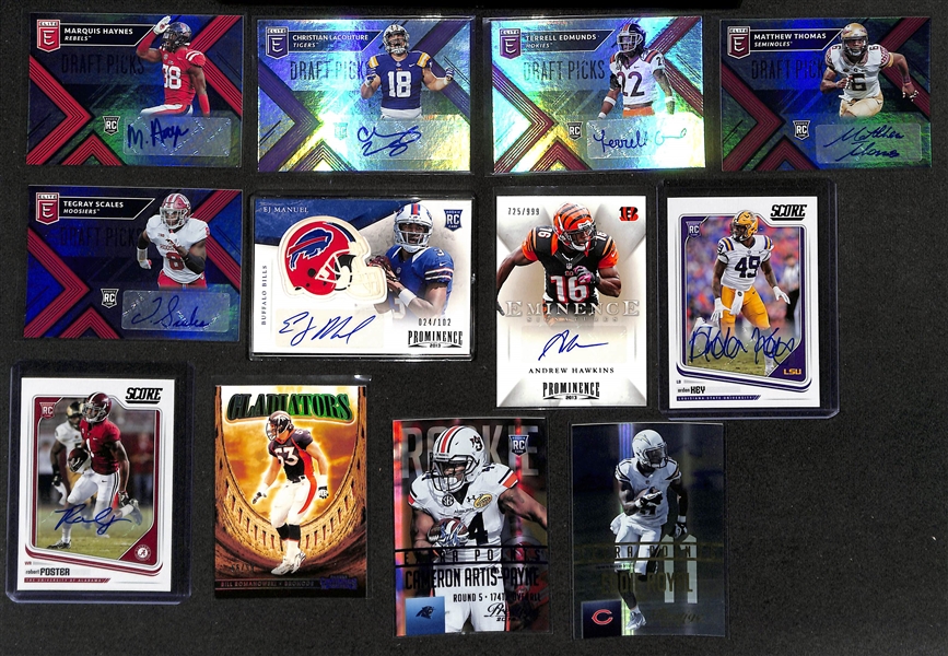 Football Card Bulk Lot (3 Row Box) w. (41) Autographs + Jerseys (inc. Sam Darnold Rookie Autograph), (15) Numbered Cards, (7) 2012 Leaf Packs, +