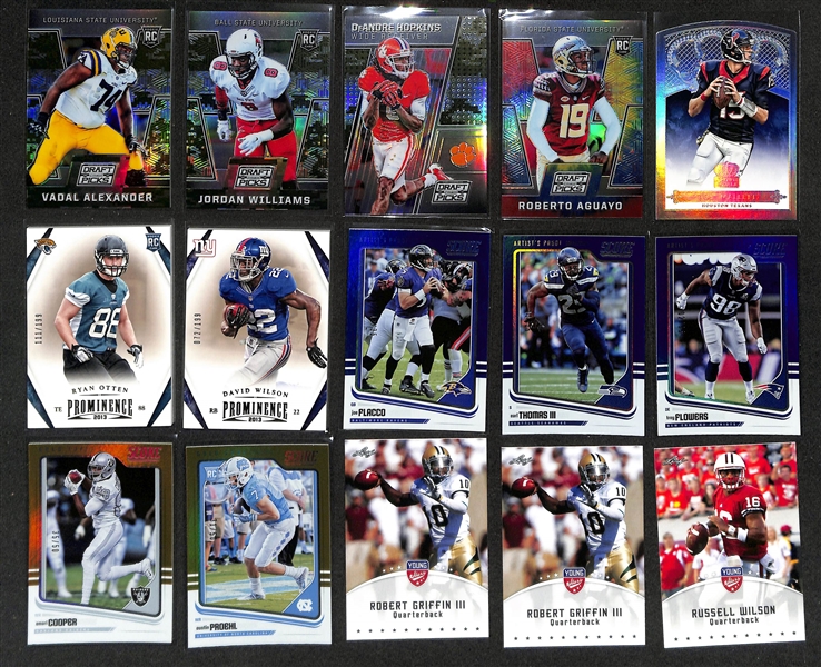 Football Card Bulk Lot (3 Row Box) w. (41) Autographs + Jerseys (inc. Sam Darnold Rookie Autograph), (15) Numbered Cards, (7) 2012 Leaf Packs, +