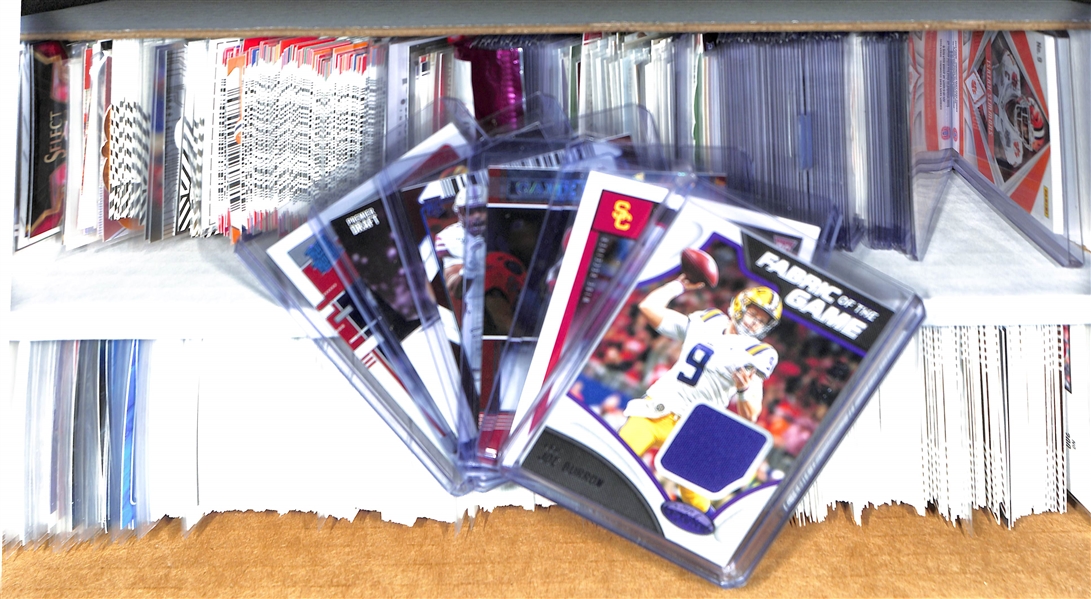 Football Card Bulk Lot (2 Row Box) w. (40) Autographs + Jersey Cards, (16) Numbered Cards, Top Rookies (Burrow, Hurts, Herbert, Lamb, Jefferson, Love)