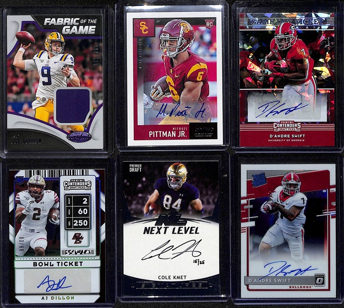 Football Card Bulk Lot (2 Row Box) w. (40) Autographs + Jersey Cards, (16) Numbered Cards, Top Rookies (Burrow, Hurts, Herbert, Lamb, Jefferson, Love)