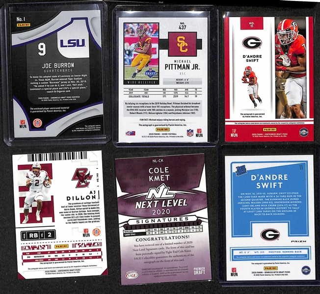 Football Card Bulk Lot (2 Row Box) w. (40) Autographs + Jersey Cards, (16) Numbered Cards, Top Rookies (Burrow, Hurts, Herbert, Lamb, Jefferson, Love)