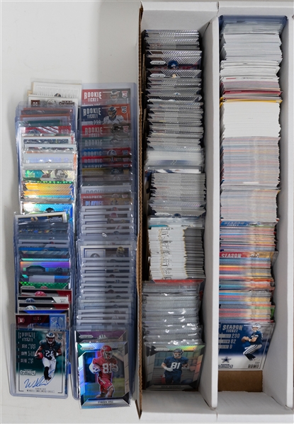Football Card Bulk Lot (3 Row Box) w. (58) Autographs + Jerseys, (57) Numbered Cards, Rookies, +