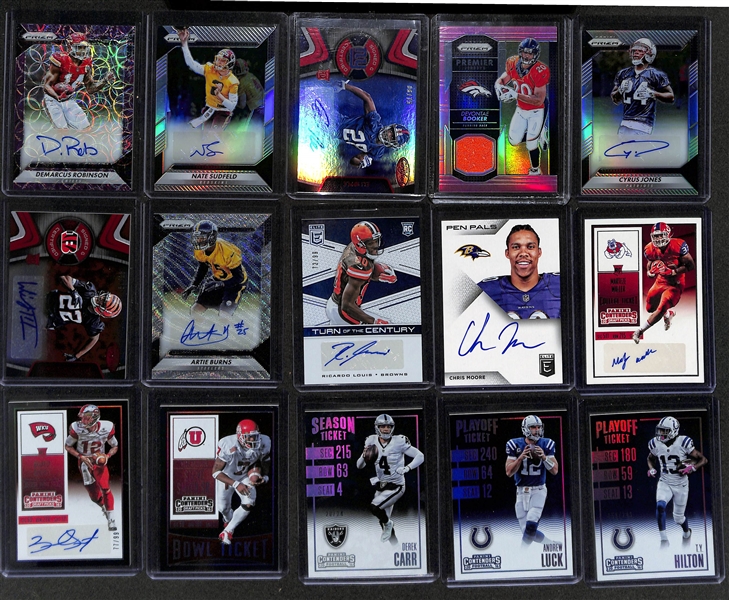 Football Card Bulk Lot (3 Row Box) w. (58) Autographs + Jerseys, (57) Numbered Cards, Rookies, +