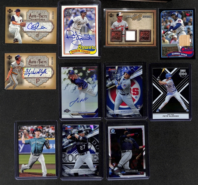 Baseball Card Bulk Lot (4 Row Box) w. (54) Autographs + Relics, (69) Numbered Cards, Top Rookies, +