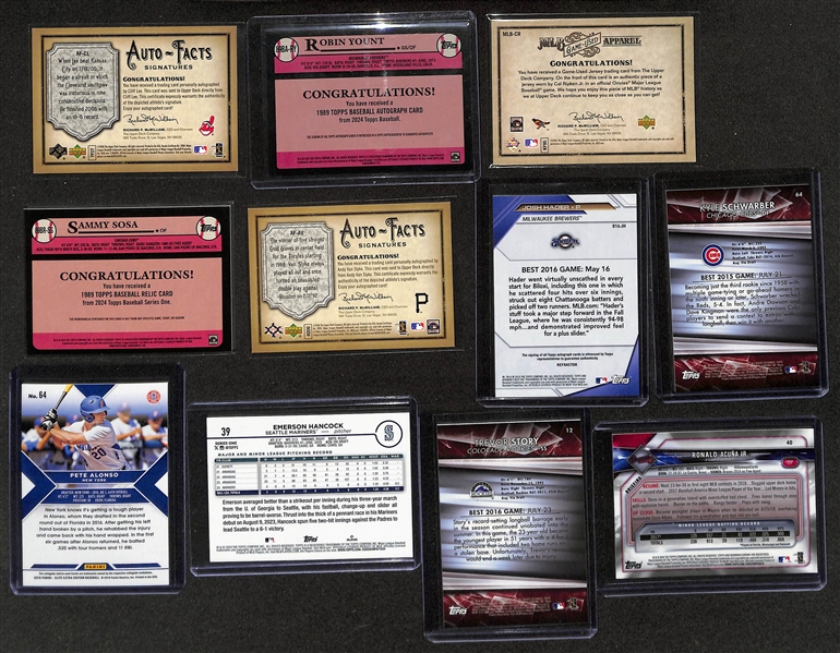 Baseball Card Bulk Lot (4 Row Box) w. (54) Autographs + Relics, (69) Numbered Cards, Top Rookies, +