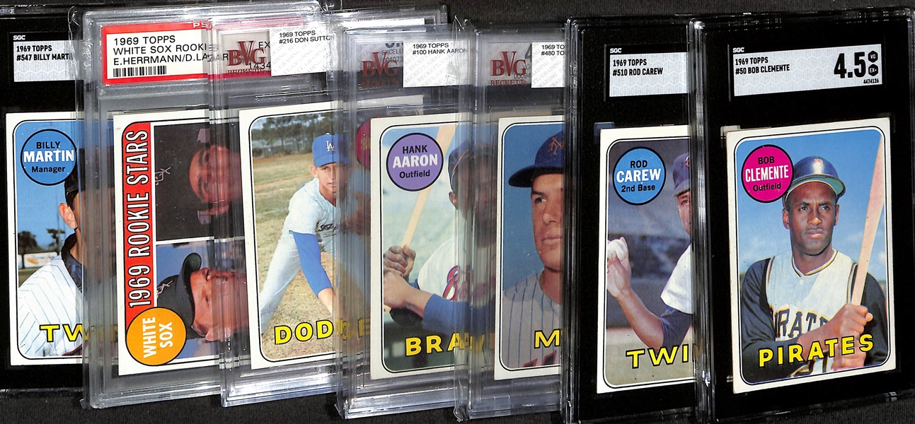 Lot of (7) Graded 1969 Topps Baseball Cards w. Roberto Clemente SGC 4.5
