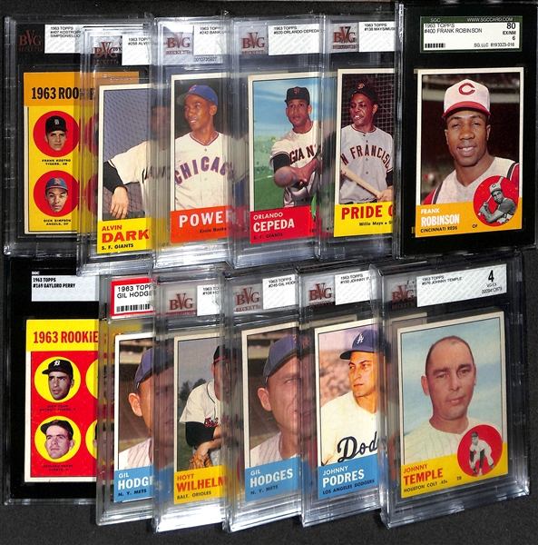 Lot of (12) Graded 1963 Topps Baseball Cards w. Frank Robinson SGC 6 & Mays/Musial BVG 5.5