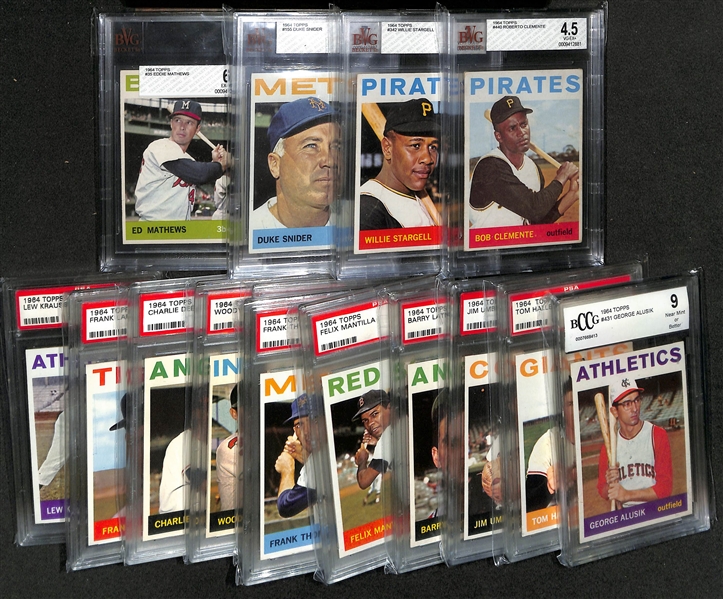 Lot of (10) PSA Graded & (5) BVG Graded 1964 Topps Baseball Cards inc. Roberto Clemente BVG 4.5