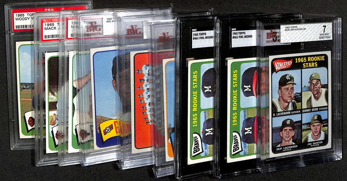 Lot of (9) Graded 1965 Baseball Cards w.  Catfish Hunter RC SP BVG 7 & (2) Phil Niekro SGC 3.5 & 4.5