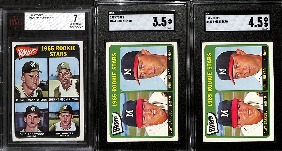 Lot of (9) Graded 1965 Baseball Cards w.  Catfish Hunter RC SP BVG 7 & (2) Phil Niekro SGC 3.5 & 4.5