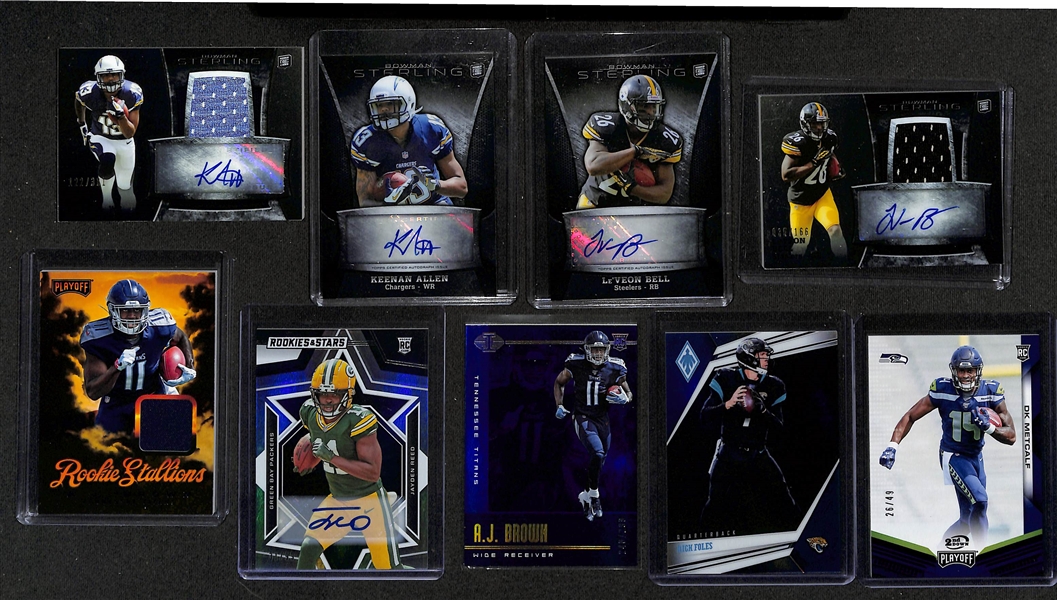 Football Card Bulk Lot (2 Row Box) w. (66) Autographs + Patches, (49) Numbered Cards, Top Rookies, +