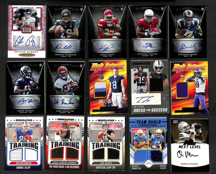 Football Card Bulk Lot (2 Row Box) w. (66) Autographs + Patches, (49) Numbered Cards, Top Rookies, +