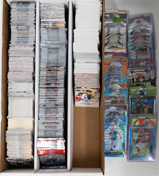 Football Card Bulk Lot (3 Row Box) w. (28) Autographs + Relics, (52) Numbered Cards inc. 2019 Prizm Patrick Mahomes (#/199), 2007 Classics Tom Brady (#/100), +