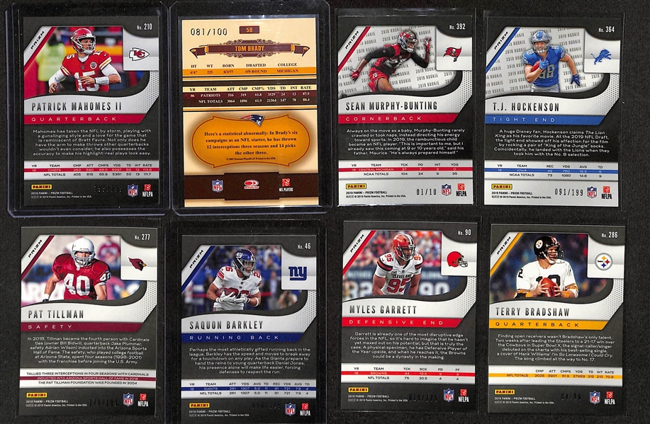 Football Card Bulk Lot (3 Row Box) w. (28) Autographs + Relics, (52) Numbered Cards inc. 2019 Prizm Patrick Mahomes (#/199), 2007 Classics Tom Brady (#/100), +
