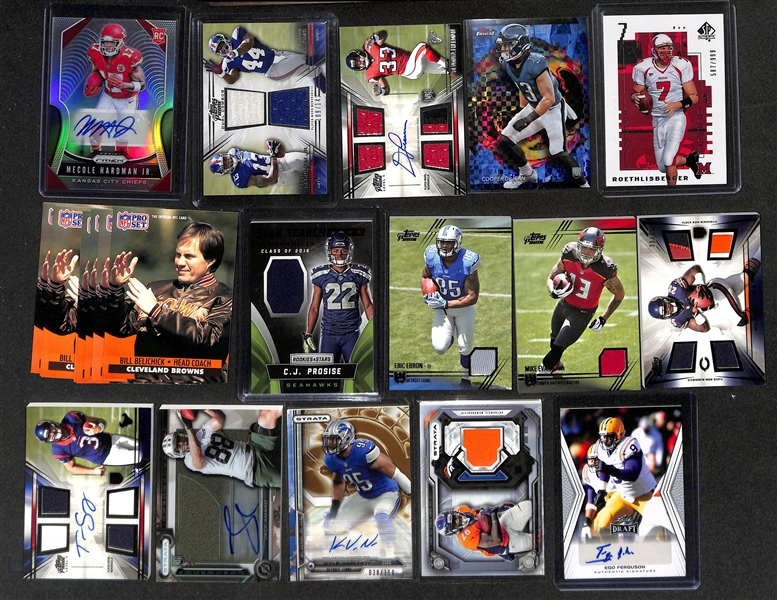 Football Card Bulk Lot (3 Row Box) w. (28) Autographs + Relics, (52) Numbered Cards inc. 2019 Prizm Patrick Mahomes (#/199), 2007 Classics Tom Brady (#/100), +