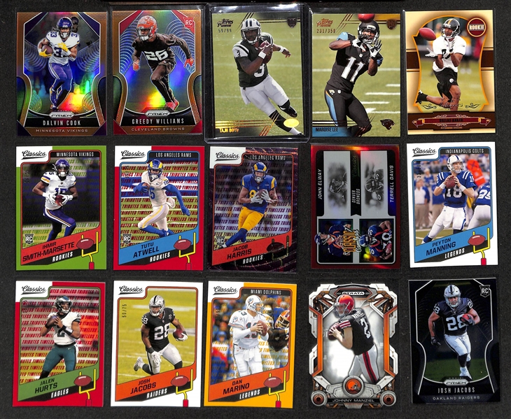 Football Card Bulk Lot (3 Row Box) w. (28) Autographs + Relics, (52) Numbered Cards inc. 2019 Prizm Patrick Mahomes (#/199), 2007 Classics Tom Brady (#/100), +