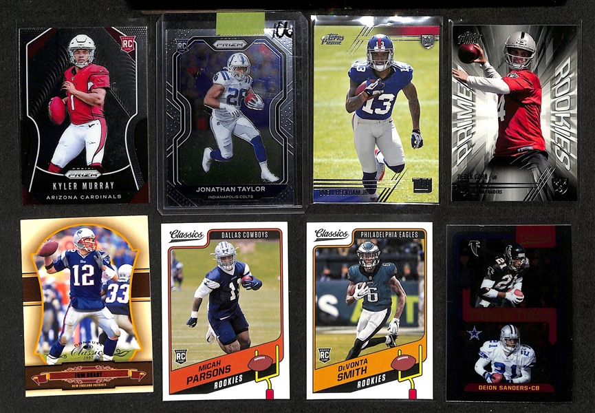 Football Card Bulk Lot (3 Row Box) w. (28) Autographs + Relics, (52) Numbered Cards inc. 2019 Prizm Patrick Mahomes (#/199), 2007 Classics Tom Brady (#/100), +