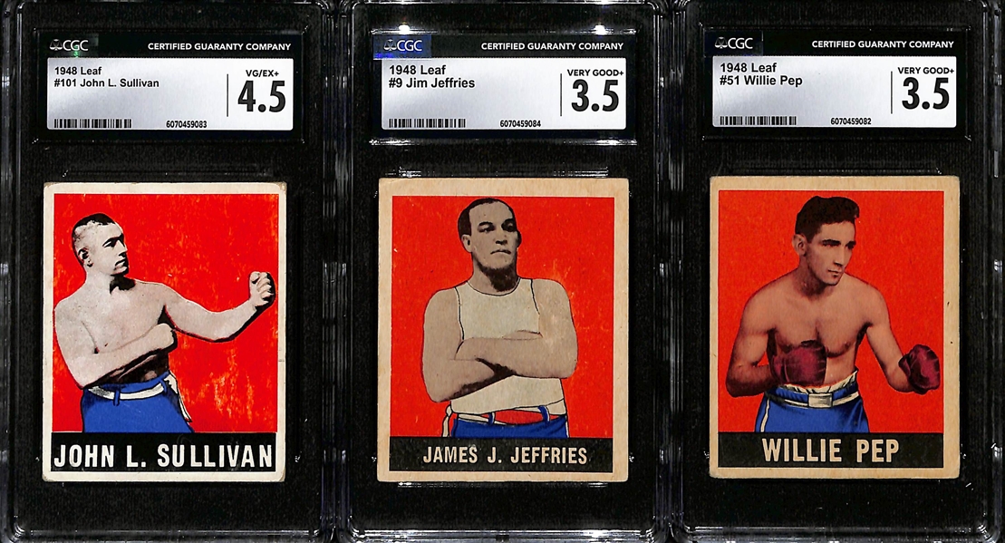 (3) CGC Graded 1948 Leaf Boxing Cards w. John Sullivan (4.5), Jim Jeffries (3.5), & Willie Pep (3.5)