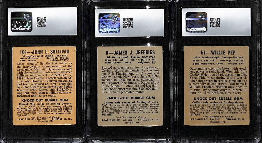 (3) CGC Graded 1948 Leaf Boxing Cards w. John Sullivan (4.5), Jim Jeffries (3.5), & Willie Pep (3.5)
