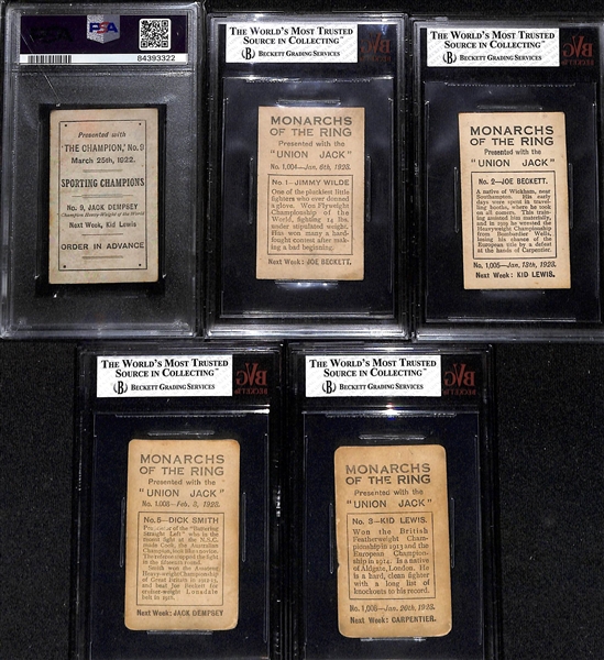 Lot of (5) 1923 Boxing Cards w. 1922-23 The Champion Jack Dempsey (IBHOF) # 9 PSA 2